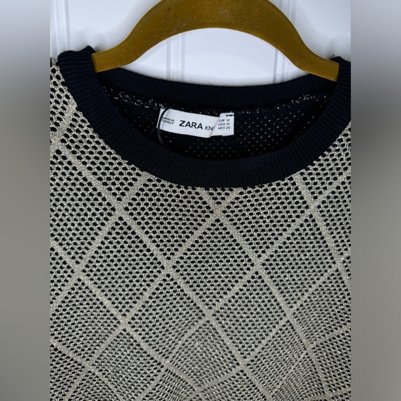Zara Jumper Sparkle Gold Argyle Round Neck Pullover Sweater - Picture 3 of 6